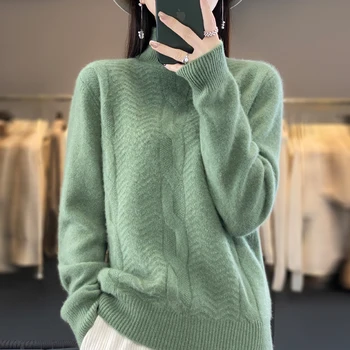 100% Merino vilnos kašmyro megztinis moteriškas megztinis aukštu kaklu ilgomis rankovėmis stora šilta megztinio striukė rudeniui ir žiemai.