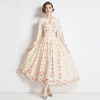 2023 Naujos mados šilkinė suknelė Moteriška rudens universali marginta ilga suknelė Prancūziška laisva aptempta laisvalaikio gėlėta suknelė Vestidos