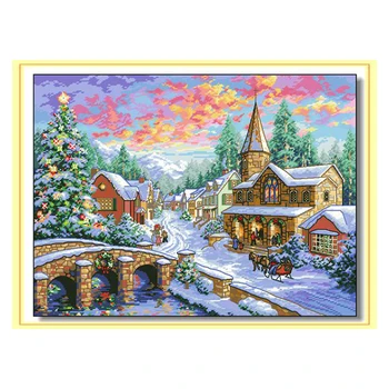 Amishop Aukščiausios kokybės gražiai suskaičiuotas kryžminio dygsnio rinkinys Dim 08783 Holiday Village Christmas Winter Snow Little Town