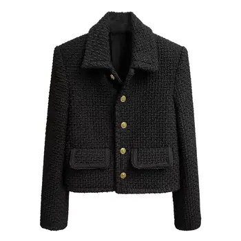 Black Vintage Crop Tweed Jacket Women Korean Fashion Single Breasted Blends Paltai Elegant Luxury Design Short Viršutiniai drabužiai