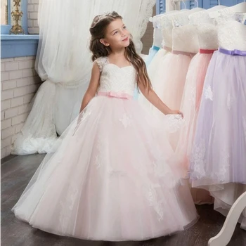 Gėlių mergaitės suknelė Vaikai Princesė be rankovių Aplikacijos grindų ilgis Vestuvinis šokis Paplūdimys Prom Ball suknelė
