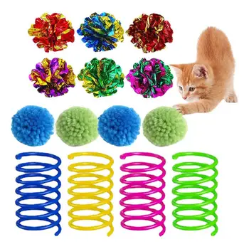 Katės žaislų rinkinys 14PCS Spalvingi pavasario žaislai Ritės spiralinės spyruoklės su kamuoliukais barškantis popierius, skirtas sukti kramtymą Sveikas žaidimas Atsitiktinė spalva