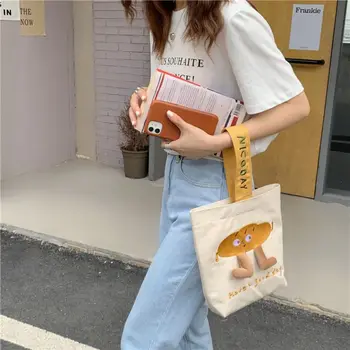 Mielas animacinis raštas siuvinėtas drobinis krepšys Rankinis kibiro krepšys Studentų pietų krepšys Moteriška rankinė