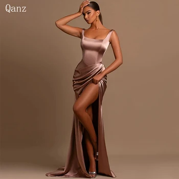 Qanz Seksualios undinėlės vakarinės suknelės Kvadratinė apykaklė Satin Prom suknelė Moterims Aukšto plyšio pleat suknelės moterims 2023 Prabangus dizaineris Pa