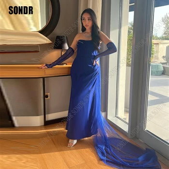 SONDR Mėlynas apvalkalas Saudo Arabija Vakarinės suknelės Viena rankove Klostės Satin Dubai Oficiali prom suknelė Grindų ilgis Vakarėlio suknelė