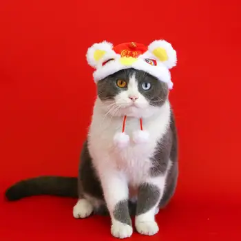 Šilta naminių gyvūnėlių kepurė Kinų stiliaus animacinių filmų dizainas Pliušinė naminių gyvūnėlių kepurė Minkšta šilta liūto šokio kepurė šunims Katės Naujųjų metų šventei Mielas augintinis